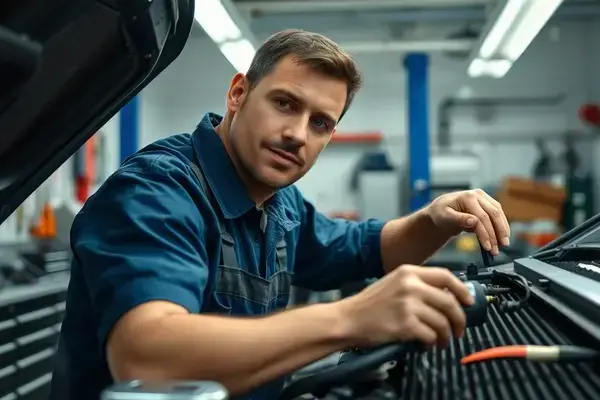 Professional radiator repair shop with technicians working on car engine